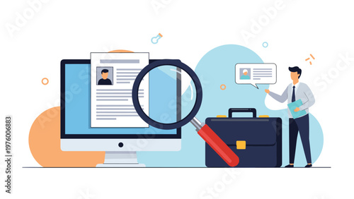 Recruiter using a large magnifying glass to carefully examine a candidate resume on a computer screen in an office.