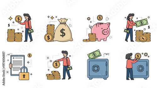 Set of diverse financial icons featuring a piggy bank, safe box, money bags, stacks of coins, and people saving money.