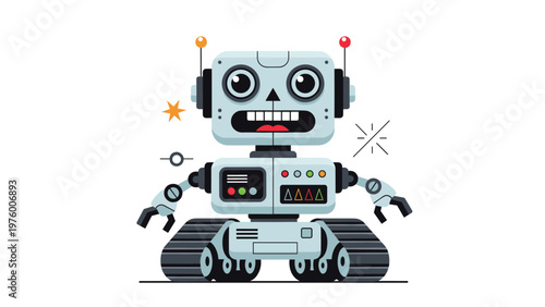 Friendly retro style robot on tank tracks with buttons and antennas standing against a clean white background.