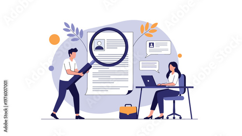 HR professionals reviewing a giant job application with a magnifying glass to find the best candidate for a role.