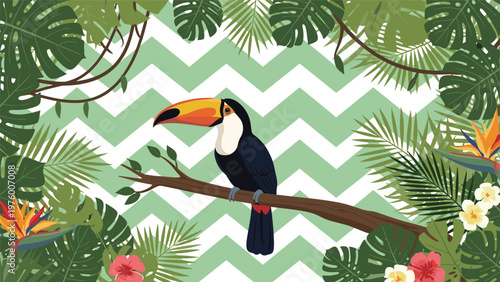 Tropical toucan bird sitting on a tree branch surrounded by lush jungle leaves and colorful exotic flowers.