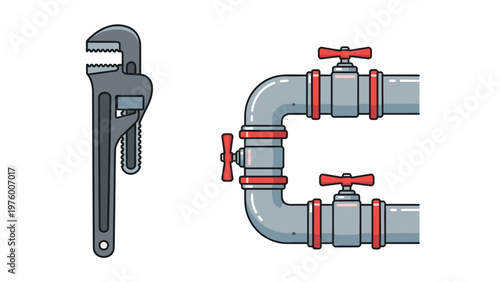 Large gray pipe wrench tool alongside thick metal pipes with red valves and connections on a white background.