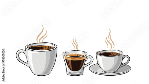 Collection of three different coffee cups including a large mug, an espresso glass, and a classic ceramic cup.