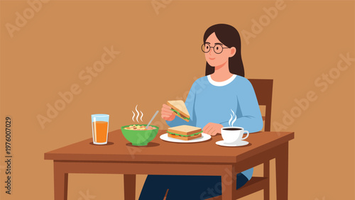 Young woman wearing glasses and a blue sweater enjoys a healthy breakfast with sandwiches and soup at a wooden table.