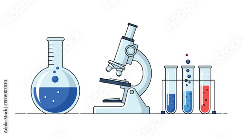 Laboratory equipment including a microscope, beaker with blue liquid, and test tubes with various chemicals.