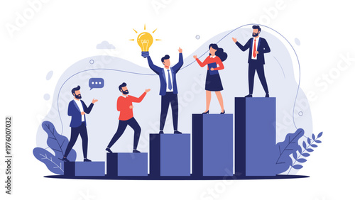Professional business team climbing stairs of a bar graph to reach a successful idea symbolized by a glowing lightbulb.
