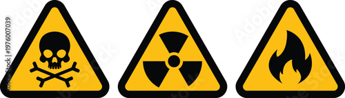 Hazard warning signs: toxic substances, radiation hazard sign, flammable material industrial safety symbol