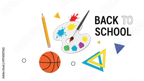 Creative back to school composition with an art palette, pencils, basketball, and colorful geometric shapes on white.