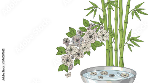 Traditional Asian style illustration featuring tall green bamboo stalks and blooming white flowers with a water bowl.