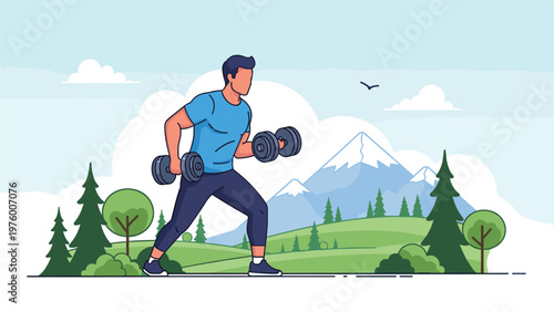 Athletic man performing bicep curls with heavy dumbbells in a beautiful mountain landscape with green trees and clouds.