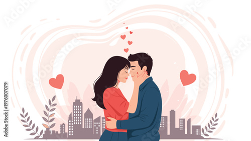 Young romantic couple embracing tenderly with hearts floating above against a soft pink city skyline at sunset.
