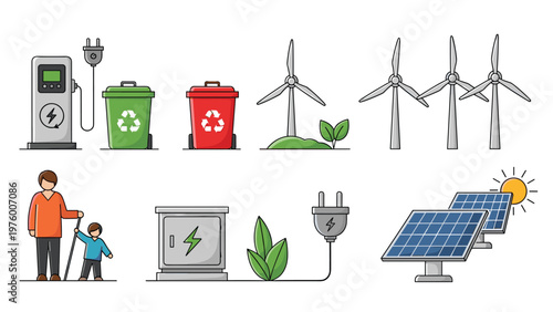 Set of icons representing renewable energy and sustainability including wind turbines, solar panels, and recycling bins.