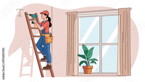 Female worker in overalls and a cap stands on a wooden ladder to perform maintenance or repair work near a window.