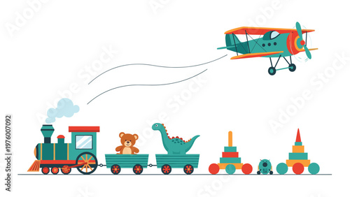 Colorful toy train carrying a teddy bear and a dinosaur followed by various stacking toys and a flying propeller plane.