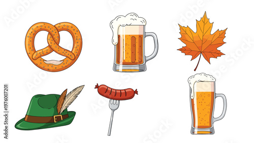 Set of Oktoberfest themed icons including a large pretzel, beer mugs, an alpine hat, and a grilled sausage on a fork.