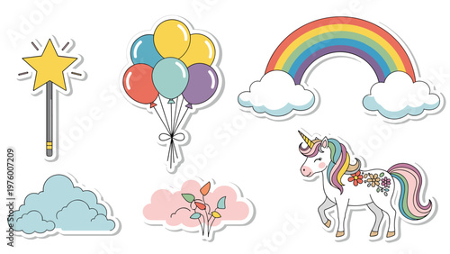 Collection of cute fantasy stickers featuring a magic wand, colorful balloons, rainbow with clouds, and a decorated white unicorn.