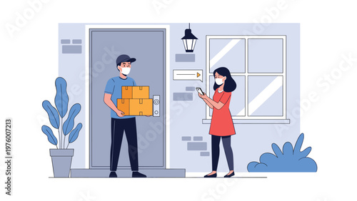 Male courier in a protective mask delivers cardboard packages to a woman standing at her front door during a social distancing period.