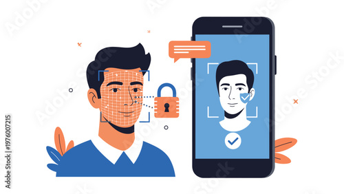 Facial recognition technology concept showing a biometric scan of a mans face being verified on a mobile smartphone with a padlock icon.
