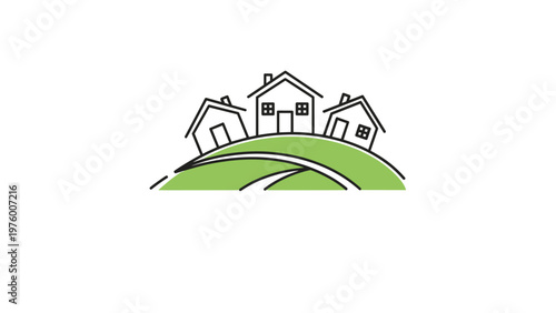 Minimalist illustration of three small suburban houses situated on a rolling green hill with curved landscape paths and white background.