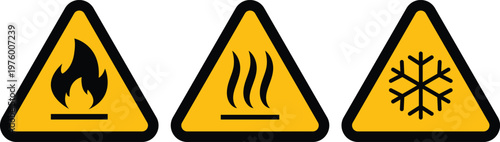 Hazard warning signs: flammable material, fire heat wave hazard, cold temperature industrial safety symbol