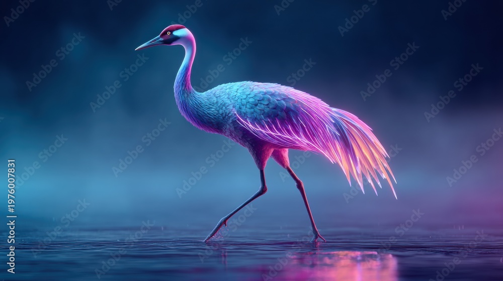 Fototapeta premium Neon lit crane wading in shallow water with glowing pink and blue feathers at night