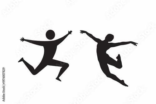 Two silhouetted dancers in dynamic mid air leap with arms extended