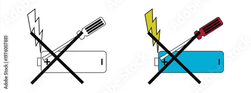 warning symbol prohibiting damaging the battery with sharp objects, illustration of not allowed to damage the battery, EPS 10 vector