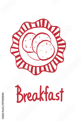 Hand drawn breakfast poster with pancakes on a plate, minimalist red line art vector illustration for cafe menu or kitchen decor