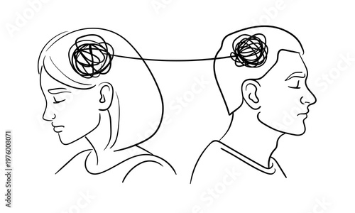 Overthinking and anxiety continuous line drawing – mental health concept minimalist line art. Set of negative thoughts in women's and men's head outline. Vector illustration