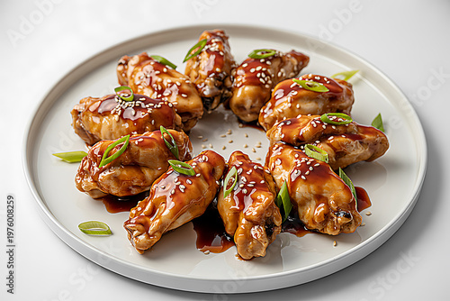 Glazed Chicken Wings on White Ceramic Plate, Juicy Appetizer on White Background