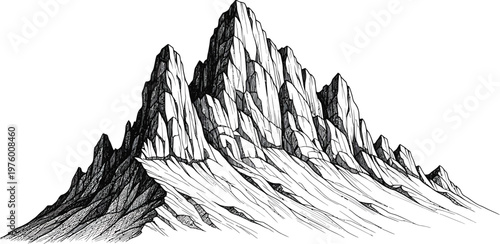 Mountain peak illustration for travel and adventure concepts, black and white sketch