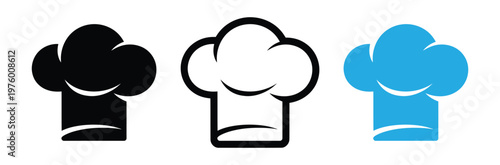 Three colored chef hat icons in black, White, And blue for cooking and culinary themes