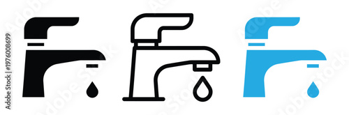 Three faucet icons in black, White and blue with water drops