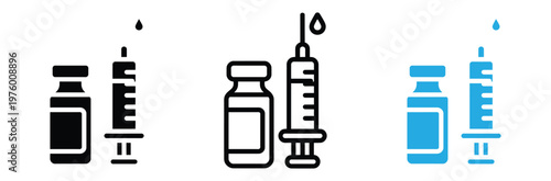 Medical icons set including syringe and vaccine bottle in black and blue for healthcare and medical concepts