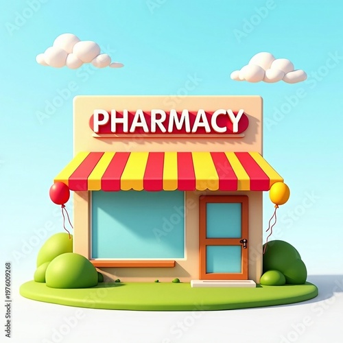 3D Isometric Toy-Style Pharmacy Storefront with Red and Yellow Awning