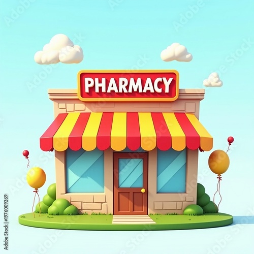 3D Isometric Toy-Style Pharmacy Storefront with Red and Yellow Awning
