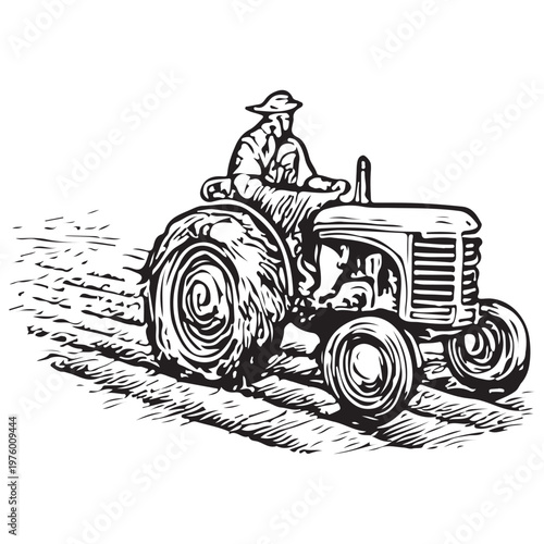 Farmer Driving Tractor Icon Agriculture Field Work Rural Farming Illustration