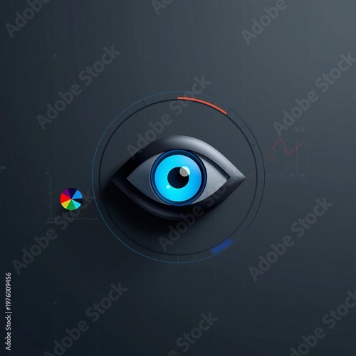 Futuristic Blue Eye Icon with Biometric Scan Interface and Metallic Frame