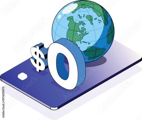 Zero dollar global mobile payment. 3D smartphone currency. Earth globe for fintech, ecommerce. Credit card free international transactions, cashless digital banking, online economy, worldwide budget