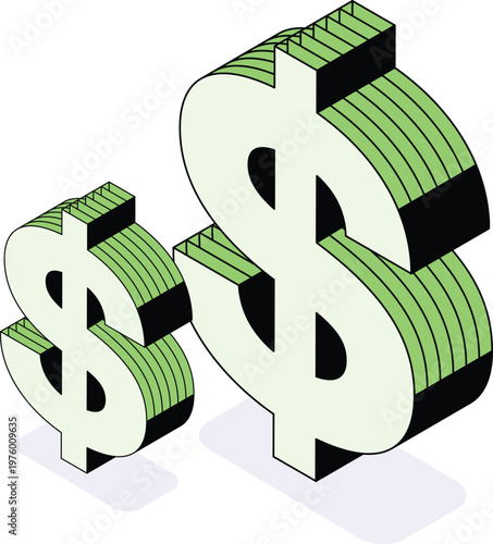 Stacked dollar isometric growth symbol. Large and small isometry currency icon. Finance, investment, savings, profit, wealth, banking, business analytics, market, revenue increase, economic planning