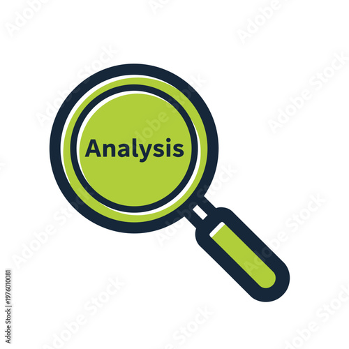 Magnifying glass with green handle and frame, highlighting the word Analysis on white background