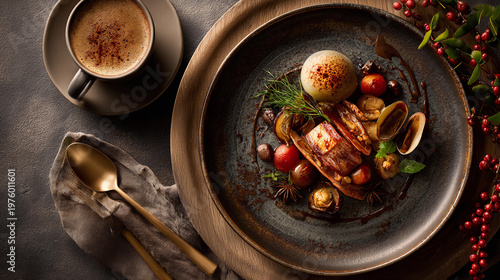 Delicious dish served with coffee on a wooden table during evening time