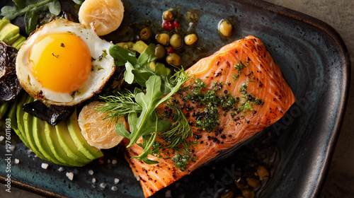 Fresh salmon dish with avocado, egg, and vegetables served on a plate