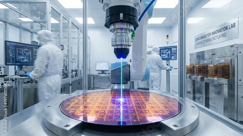 Robotic arm precisely inspecting a semiconductor wafer in a high tech advanced manufacturing cleanroom lab