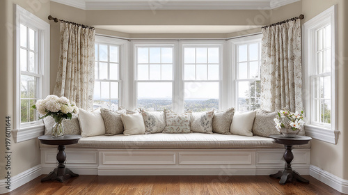 Cozy window seat with view of landscape in bright indoor space during day