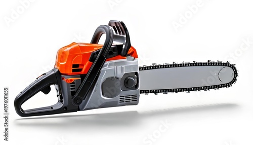 Chainsaw's Detailed Perspective: A close-up view of a chainsaw, the image capturing every detail of its cutting teeth and sturdy structure. Designed for efficient and clean cuts. 