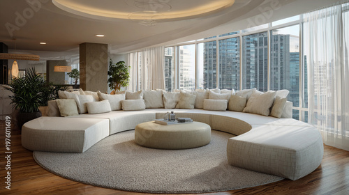 Modern circular seating area with large windows and city view during daylight