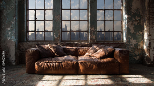 Old sofa stands in front of large windows with city skyline visible outside