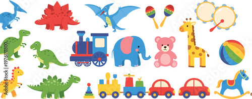 Cute Kids Toy Collection with Dinosaurs, Train, Cars, Elephant, Giraffe, and Musical Instruments for Nursery and Playroom Design Projects