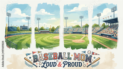 Vibrant Watercolor Baseball Stadium Panels with Field, Stands, and Scoreboard, Accented by Text "BASEBALL MOM LOUD & PROUD"